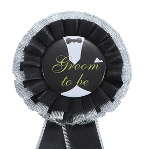 Elegant black and white Groom to be rosette badge with tuxedo design and silver glitter trim