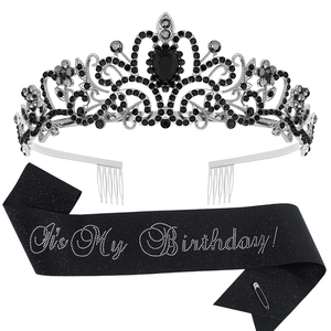 Sparkling black crystal birthday girl crown and glitter sash set for party celebrations
