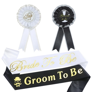 Satin Bride To Be Groom To Be Sash And Rosette Badge Gold Foil Printing Wedding Party Celebration Accessories For Couples