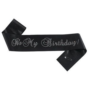 Elegant black satin Birthday Queen sash with silver rhinestones and a safety pin