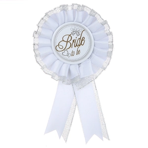 Elegant white lace Bride to Be badge with silver trim and gold lettering for weddings