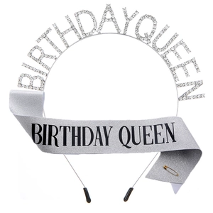 Set corona tiara Birthday Queen argento e fascia glitterata per festa compleanno