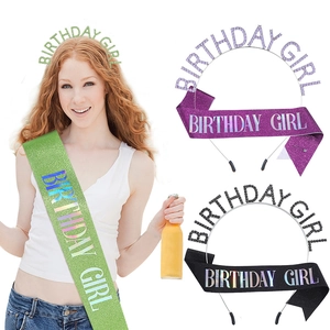 Ensemble d'anniversaire Birthday Girl avec écharpe pailletée et serre-tête en vert et violet