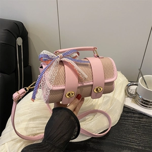 Women Cylinder Shoulder Bag Retro PU Leather Woven Texture Crossbody Handbag With Ribbon Bow Metal Buckle Fashion Daily Purse