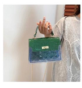 Detail of blue PVC crossbody bag with green croc leather flap and gold chain strap