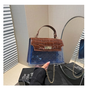 Detail of blue transparent PVC bag with brown crocodile texture flap and gold lock