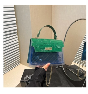 Detail of green crocodile texture flap and blue quilted PVC body on a chain bag