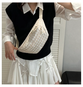 Detail of checkered canvas crossbody bag with double silver zippers and triangle pulls