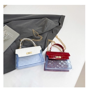 Detail of transparent PVC crossbody bags with crocodile embossed leather and gold chain straps