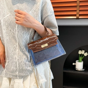 Transparent PVC handbag with blue insert and brown crocodile texture details and chain