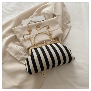 Detailed close-up of retro black and white striped handbag with gold clasp and chain strap