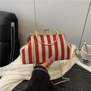 Vintage Striped Nylon Clasp Shoulder Bag For Women Retro Doctor Bag With Chain Strap Elegant Underarm Handbag For Party Everyday