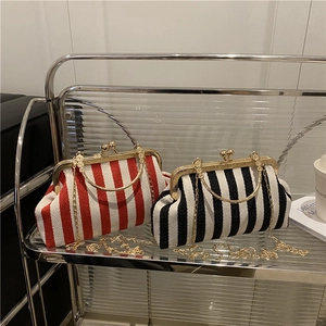 Retro striped straw handbags in red and black with vintage gold frame and chain strap