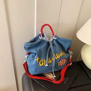 Damen Bestickte Denim Tragetasche Große Kapazität Lässige Schulter Umhängetasche Mit Ausgefransten Kanten Kordelzug