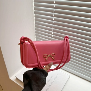 Trendy PU Leather Baguette Bag For Women Fashionable Shoulder Bag With Golden Bow Metal Buckle Daily Small Square Handbag