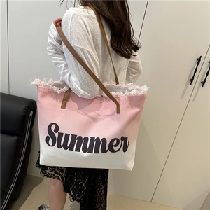 Tragetasche aus Segeltuch mit rosa Farbverlauf, Summer-Aufdruck und Lederriemen