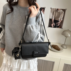 Retro black litchi pattern baguette shoulder bag with mini coin purse charm for women