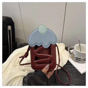 Creative ice cream cupcake shaped crossbody bag in burgundy leather with blue cream detail