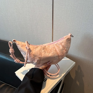 Butterfly Embroidered Shoulder Bag New Chinese Style Croissant Bag For Women Casual Commute Lace Hobo Bag Solid Color Handbag