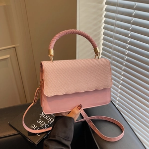 Women's Simple PU Leather Small Square Bag With Woven Texture Wavy Edge Braided Handle Crossbody Shoulder Armpit Bag