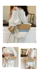 Detailed close-up of woven tote bag with tricolor stripes and delicate lace bow accent
