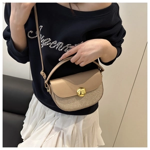 Chic beige crossbody bag with sparkling champagne sequins and round gold buckle detail