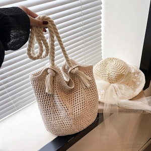 Women Large Capacity Cotton Thread Woven Crochet Shoulder Bag Hollow Out Tassel Tote For Beach Holiday Vacation Handbag