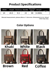 Detailed view of large capacity PU tote bag showing dimensions and six color variations