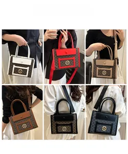 Collage of fashion tote bags in six colors featuring vintage letter prints and M logo