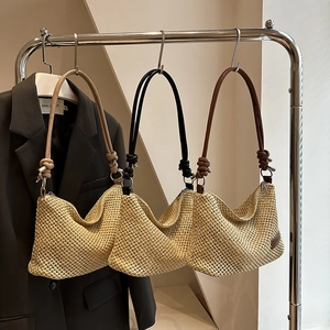 Retro woven straw small square handbags with crossbody leather straps for women