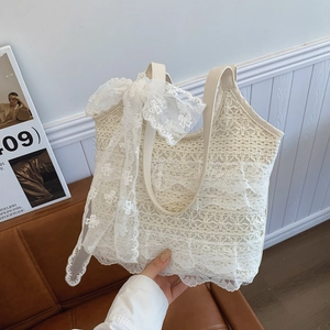 Französisch Vintage Spitze Shopper Für Damen Große Kapazität Ausgehöhlt Schleife Dekor Umhängetasche Sommer Strand Urlaub Feenstil Handtasche