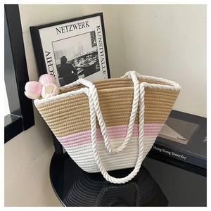 Three-tone stripe woven tote bag with khaki, pink, and white panels and rope handles