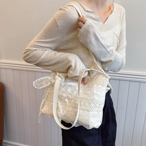 Elegante weiße Spitze Shopper Tasche mit großer Schleife für den Sommerurlaub Damen