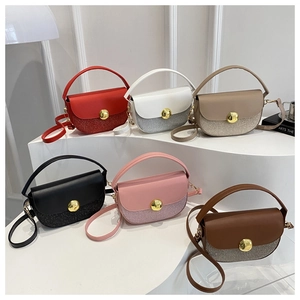 Detailed collection of semi-circular sequin crossbody bags in six vibrant colors on white steps