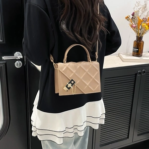 Coffee brown quilted leather shoulder bag for women with chain lock and top handle