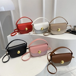 Fashionable half-moon crossbody bags in six colors with glitter stitching and gold ball clasp