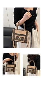 Detail of tote bag showing dark brown leather with M pattern and gold logo plaque
