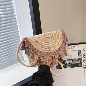 Bohemian Woven Tassel Saddle Bag Ethnic Embroidery Crossbody Bag Women Summer Beach Vacation Flap Small Shoulder Bag