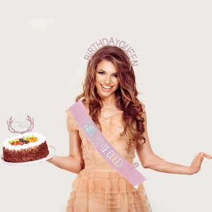 Pink Birthday Queen crown and sash set with cake topper for girls party celebrations