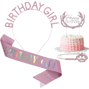 Pink birthday party set with Birthday Girl headband, sash, and cake topper for girls