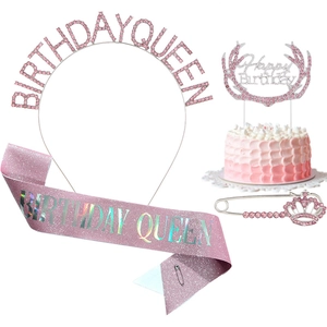 Pink birthday decoration set with rhinestone tiara, sash, crown pin and cake topper
