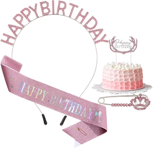 Pink Birthday Party Decoration Set Alloy Rhinestone Tiara Headband Glitter Satin Sash Cake Topper Brooch For Girls Women Birthday Accessories