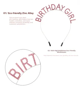 Detail of pink rhinestone BIRTHDAY GIRL tiara headband made of durable zinc alloy