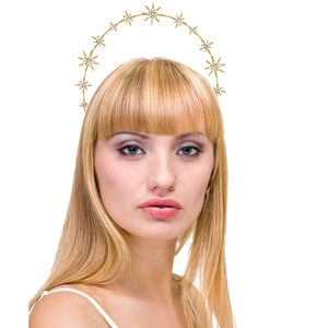 Vue détaillée d'un serre-tête auréole doré avec étoiles en cristal sur un mannequin