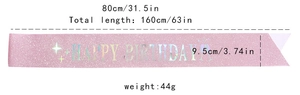 Pink sequin birthday sash with rainbow lettering showing detailed size measurements