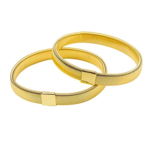Detail of two gold-plated textured elastic bracelets with polished rectangular clasps