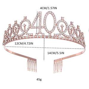 Macro view of rose gold 40th birthday tiara with detailed dimensions and sparkling rhinestones