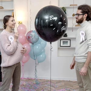 Mommy to Be sash and badge set for gender reveal party with Boy or Girl balloons