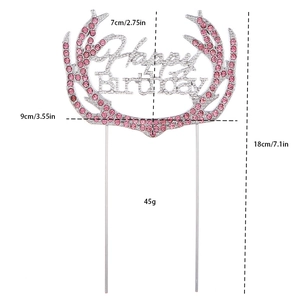 Pink rhinestone Happy Birthday cake topper with dimensions 18cm height and 9cm width