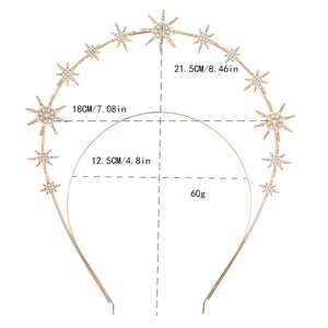 Guide détaillé des dimensions du diadème étoile doré indiquant 21,5cm de haut et 60g